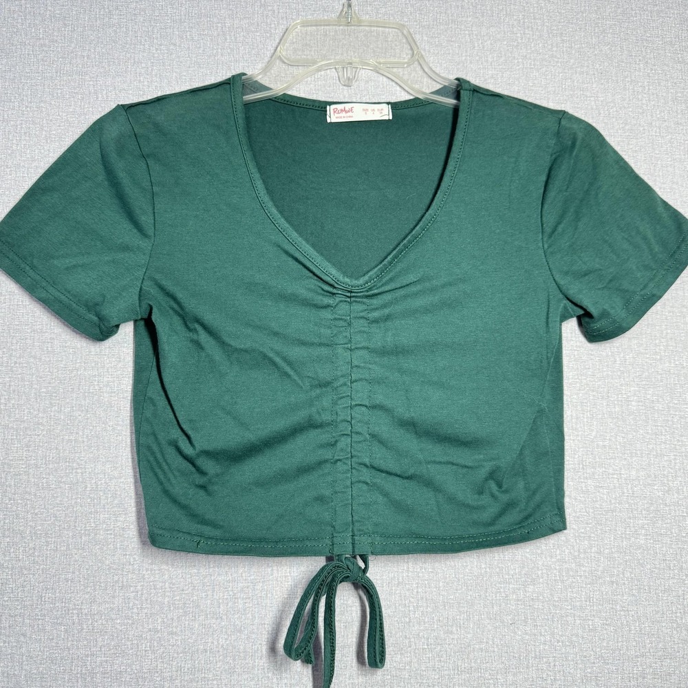ROMWE Shirt Womens‎ Small Green V Neck Ruched Front Drawstring Cropped Top
